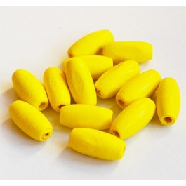 Wood beads, oval 15x7mm, spray painted  yellow, hole: 2.5mm, 10 pcs