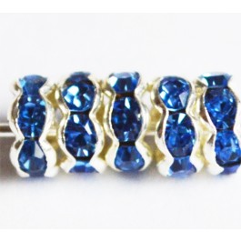 Rhinestone spacer beads 6mm brass rondelle, blue, silver metal color, -  1 pcs