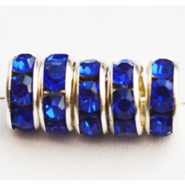 Rhinestone spacer beads 8mm brass rondelle, blue, silver metal color, -  1 pcs