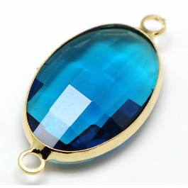 Brass connector with faceted glass cabochon 21x10x6mm, golden, dark blue, 1 pcs