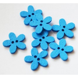 Wood sewing button 15x14mm Flower, blue,  4 pcs