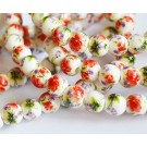 Porcelain Ceramic Beads 9-8mm, round, white, red flower, hole 2mm, 1 pcs
