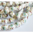 Porcelain Ceramic Beads 10x8mm, oval, white, blue flower, hole 2mm, 1 pcs