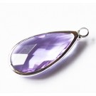 Brass glass pendants, faceted, drop, platinum, violet, 23.5x10.5x4.5mm, hole: 2mm, 1 pcs