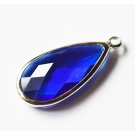 Brass glass pendants, faceted, drop, platinum, blue, 23.5x10.5x4.5mm, hole: 2mm, 1 pcs