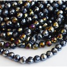Glass beads 6mm faceted, round, black, AB-color plated, 10 pcs